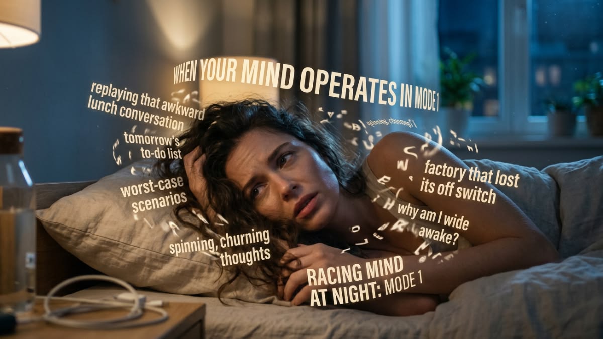 Woman lying awake in dark bedroom at 3am, phone screen lit, exhausted but unable to sleep